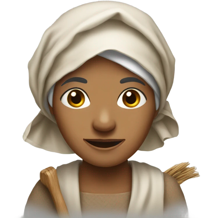 "An older woman with a weathered face, dark eyes, and a strong, no-nonsense expression. She wears a headscarf, a plain blouse, and carries a basket or a hoe in a rural setting." emoji