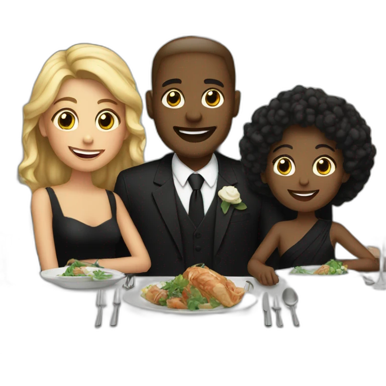 happy family enjoying formal dinner, all black air. emoji
