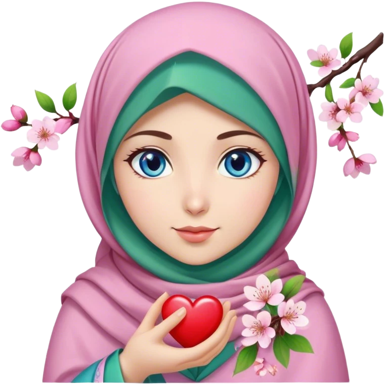 Turkish beautiful finish Konya girl blue eyes with cherry blossom flower lila green design hijab and hold heart in her hand  emoji