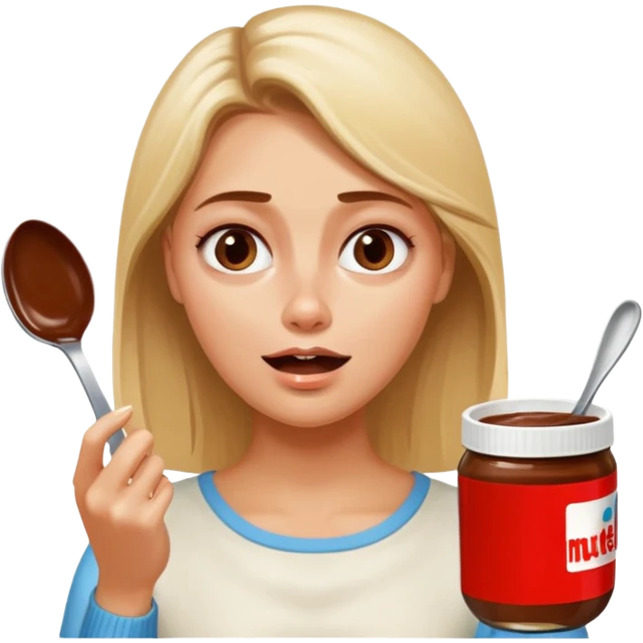 Nutella with a spoon. The glas of Nutella is almost empty . Only the one carriage of Nutella. Next to the Nutella is the head of a blond woman who is desperate to eat the Nutella  emoji