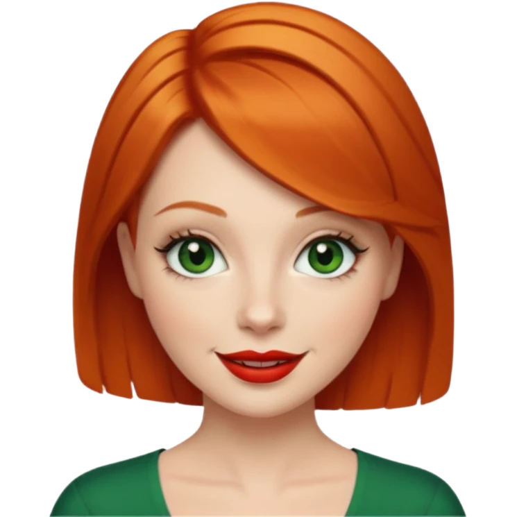 Short Ginger hair, green eyes, black long eye lashes large red lips White woman happy emoji
