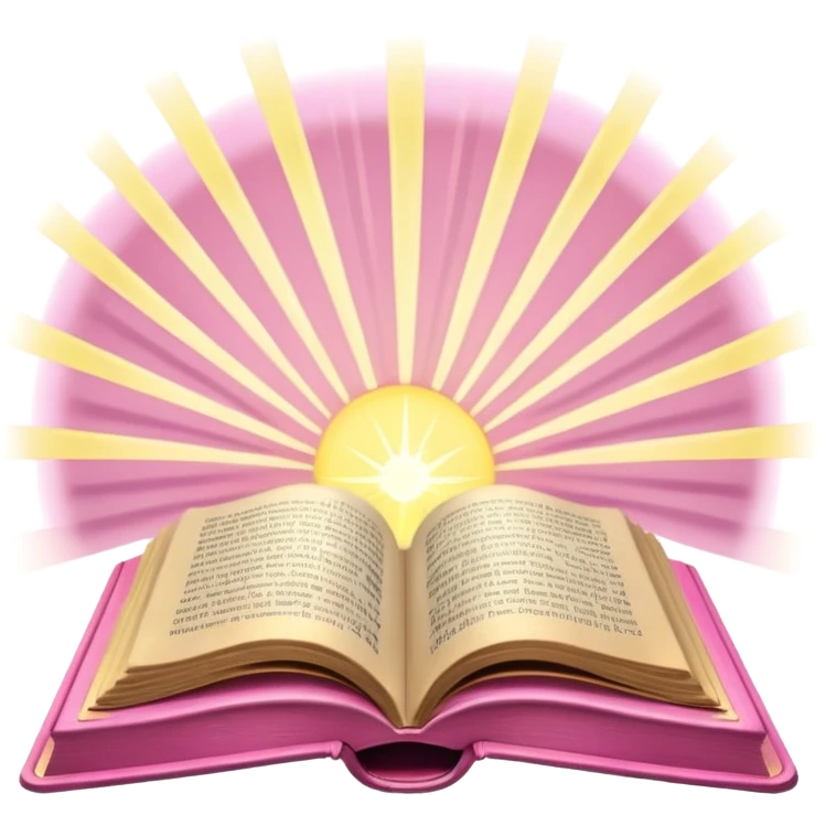 An open pink book with glowing light rays emerging from its pages, magical atmosphere, emoji