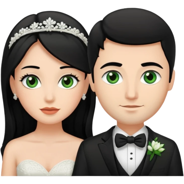 bride and groom, bride has black hair and brown eyes, brunette groom has green eyes emoji