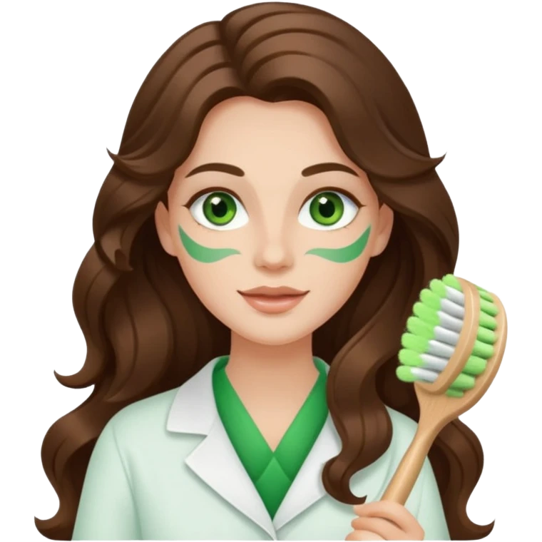 Aesthetician with long brown wavy hair, she has green eyes holding a white facial brush emoji
