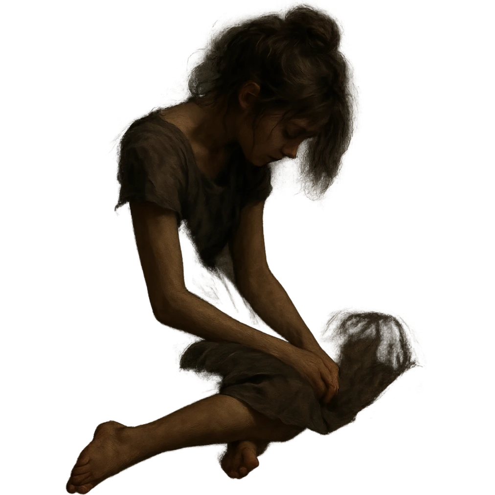 a moody scene: girl sitting with hunched back, head lowered, messy hair, simple dress, barefoot, body language showing sadness or deep thought, dim lighting, soft shadows, blurred minimal background emoji