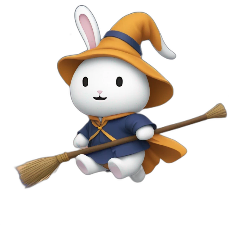 the rabbit, miffy, riding a broomstick like a witch with the night sky and stars in the background emoji