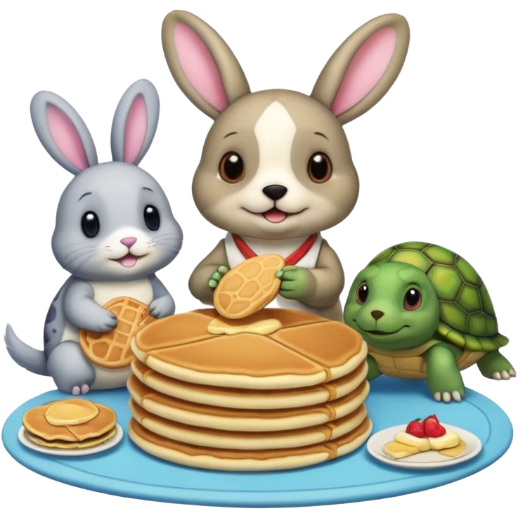 A seal, dog, bunny and turtle together eating pancakes emoji