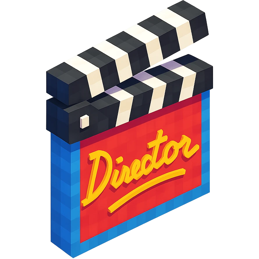 voxel style movie clapperboard with a cursive director's signature, isometric view emoji