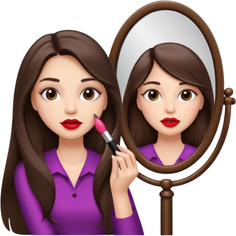 A girl with long brunette hair doing her makeup with a mirror in one hand and lipstick in the other looking at the mirror emoji