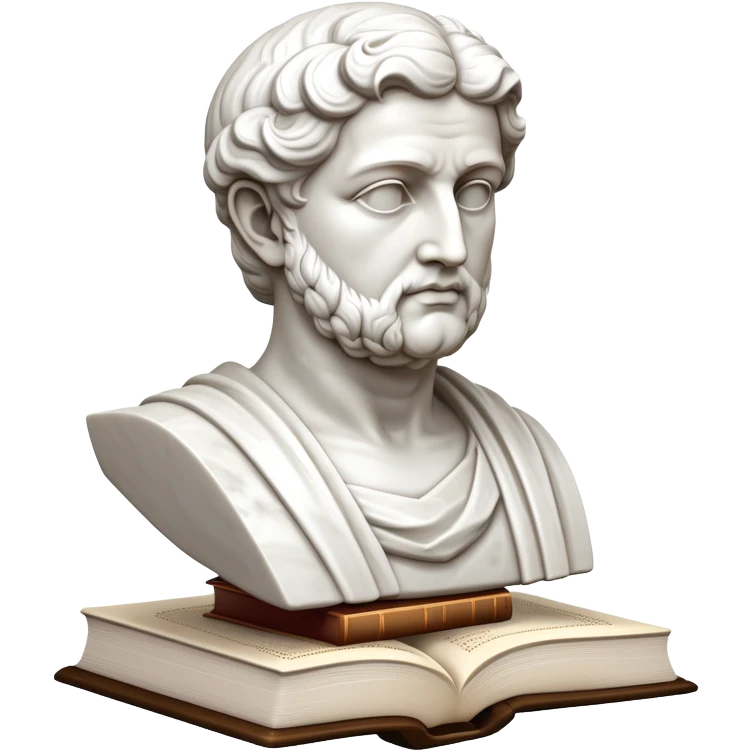 An icon featuring a classical bust, a book of philosophy, symbolizing the study of philosophy. The design includes an abstract symbol of thought and reasoning, representing deep intellectual inquiry and exploration of ideas. Transparent background emoji