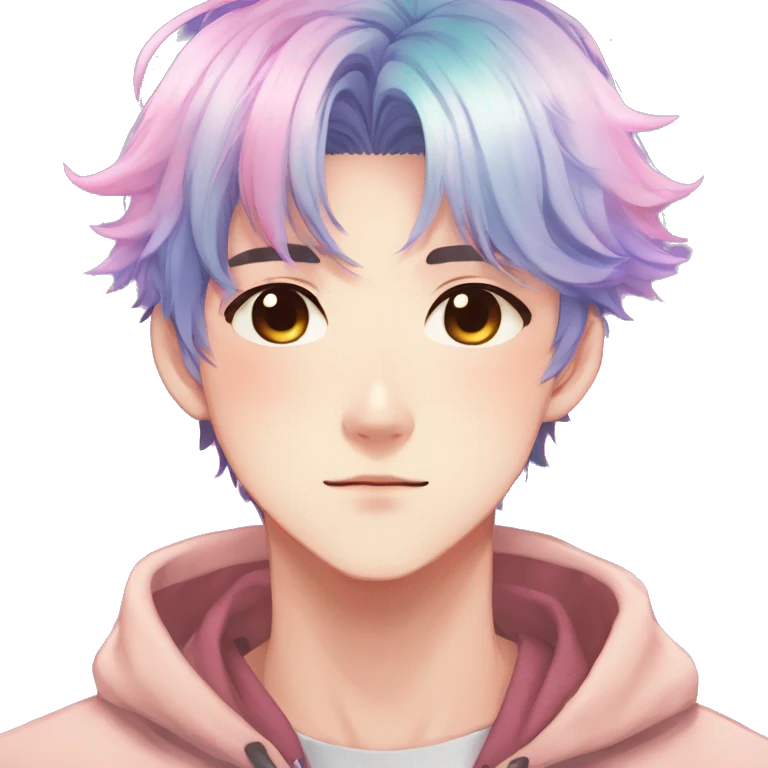 Gorgeous anime style shojo dude with blushing face aesthetic and pretty colorful shiny gradient pastel hair trending style emoji