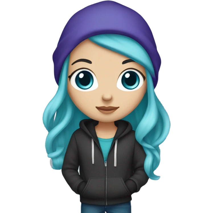 White girl, blue eyes, long teal hair, purple beanie hat, black hoodie, blue jeans, black shoes emoji