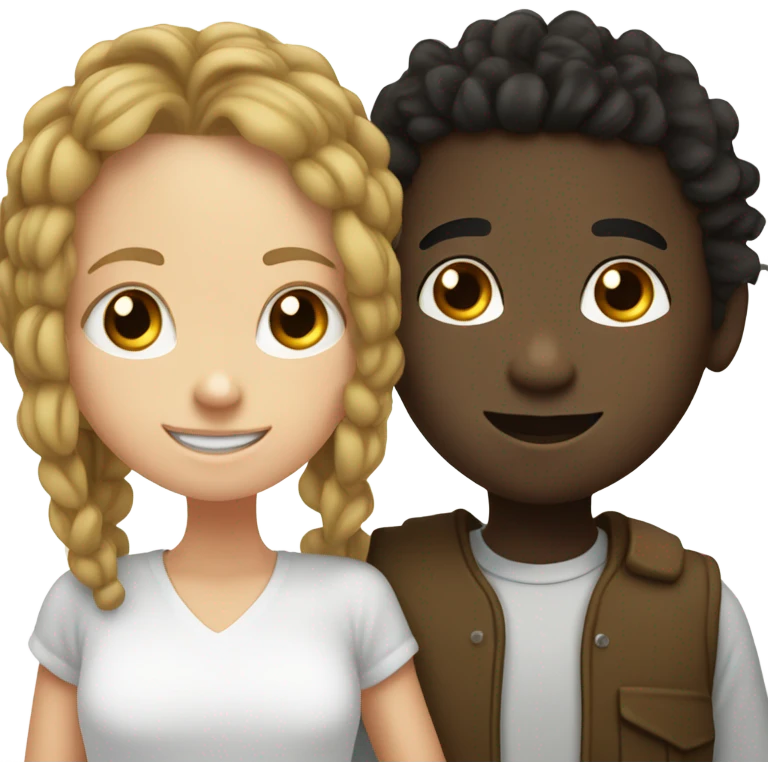  black smiling boy with dreadlocks hugging a white girl with brunette hair and big eyes emoji