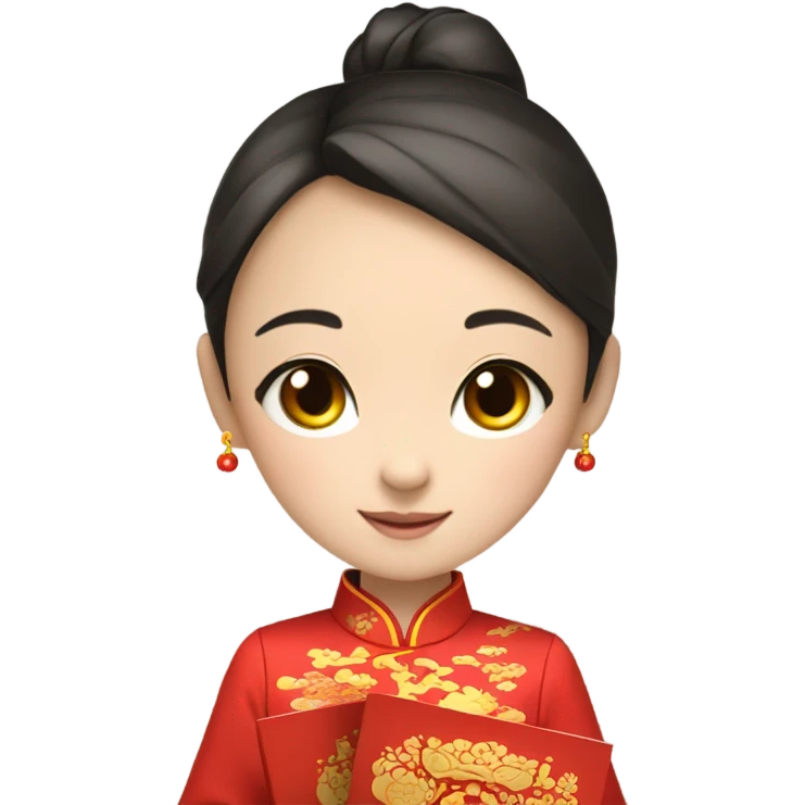 Beautiful youngchinese girl wearing red cheongsam holding red envelope “福” emoji