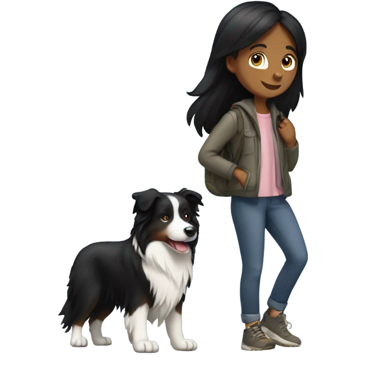 Girl with black hair walking a border collie mountain dog  emoji