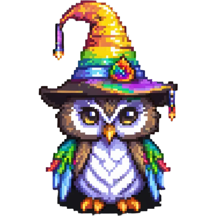 Cute owl with rainbow feathers and a wizard hat emoji