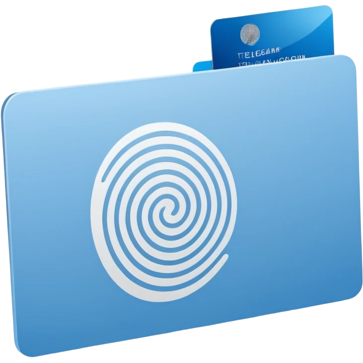 Minimalist blue Telegram channel icon of a card back. The card is face down, slightly tilted. A single, elegant fingerprint spiral is centered on the card back, symbolizing identity and unique associations. Monochromatic blue and white. Clean, flat design. emoji