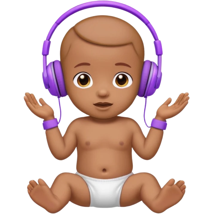 a brown skin cute baby in a white diaper and purple headphones emoji ...