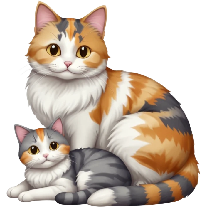 full body colourful light patched calico + white tabby cat cuddling a large grey and white cat  emoji