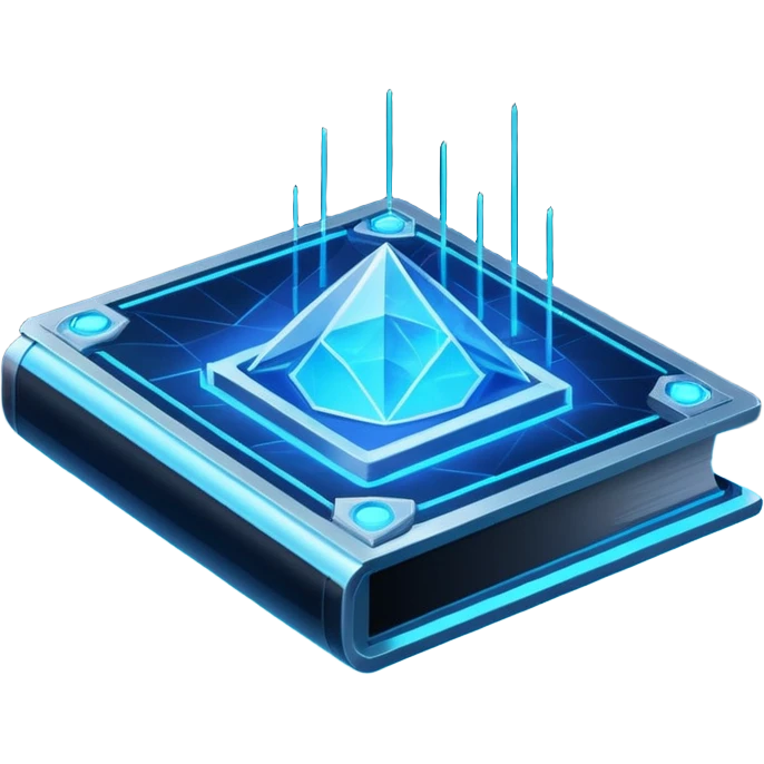Futuristic holographic data book icon, dark sci-fi interface style, crystal neon blue light, sharp geometry, high tech game UI icon, minimalistic, cyber space theme, volumetric glow, centered, transparent background, no cartoon, no cute, no emoji face, 100x100 px emoji
