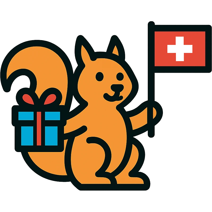squirrel holding a gift in one hand and a Swiss flag in the other, color outline icon style emoji