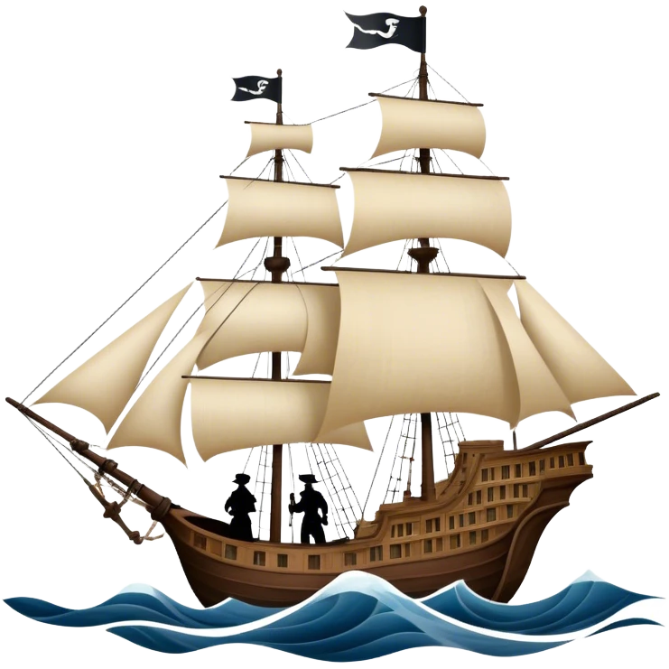 Reading Fiction: a sailing ship made of book pages floating on waves, with swashbuckling musketeers on horseback and a detective silhouette resembling Sherlock Holmes in the background. The icon should capture the adventurous and romantic spirit of classic literature. Transparent background. emoji