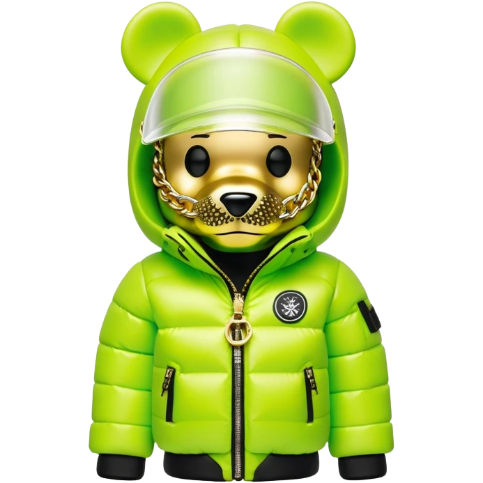 professionally designed bearbrick collectible with precise proportions, lime green balaclava with seamlessly integrated reflective visor lens, high-end branded puffer coat with rich fur collar and prominent designer logo, detailed gold chains, hypebeast aesthetic emoji