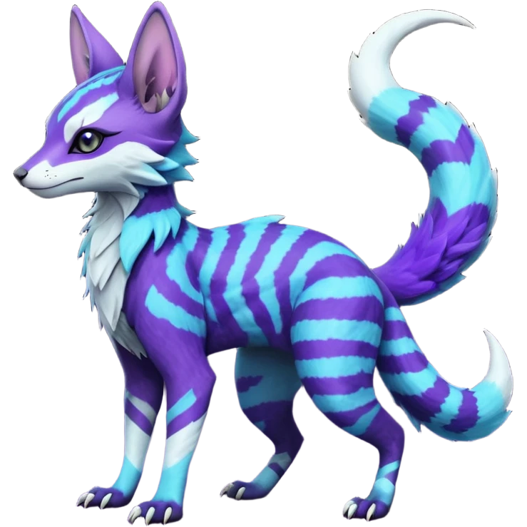 Feral Rare Fantasy  Lightning-strike-zig-zag-patterned striking purple-indigo-violet-blue-cyan-gradients with black points, white underside, galactic stormy edgy badass realistic Vernid-Sergal-Genet-Trico-species by LiLaiRa, random markings, tufted tail, tufted ears, full body emoji