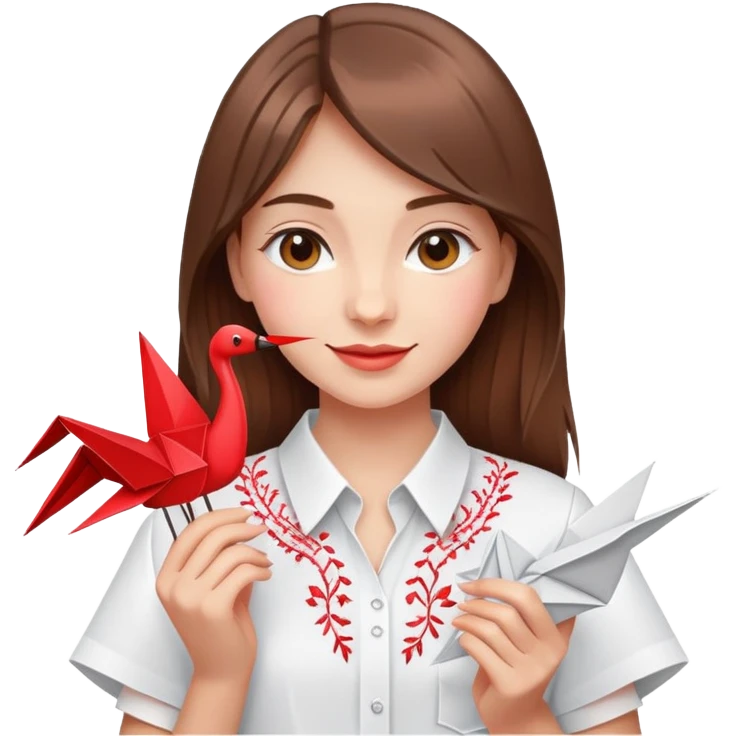 Happy Ukrainian young girl with brown hair in a white embroidered shirt holds an origami red crane emoji