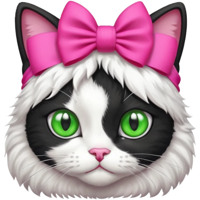 A black and white cat with green eyes she has a hot pink bow on her head  emoji