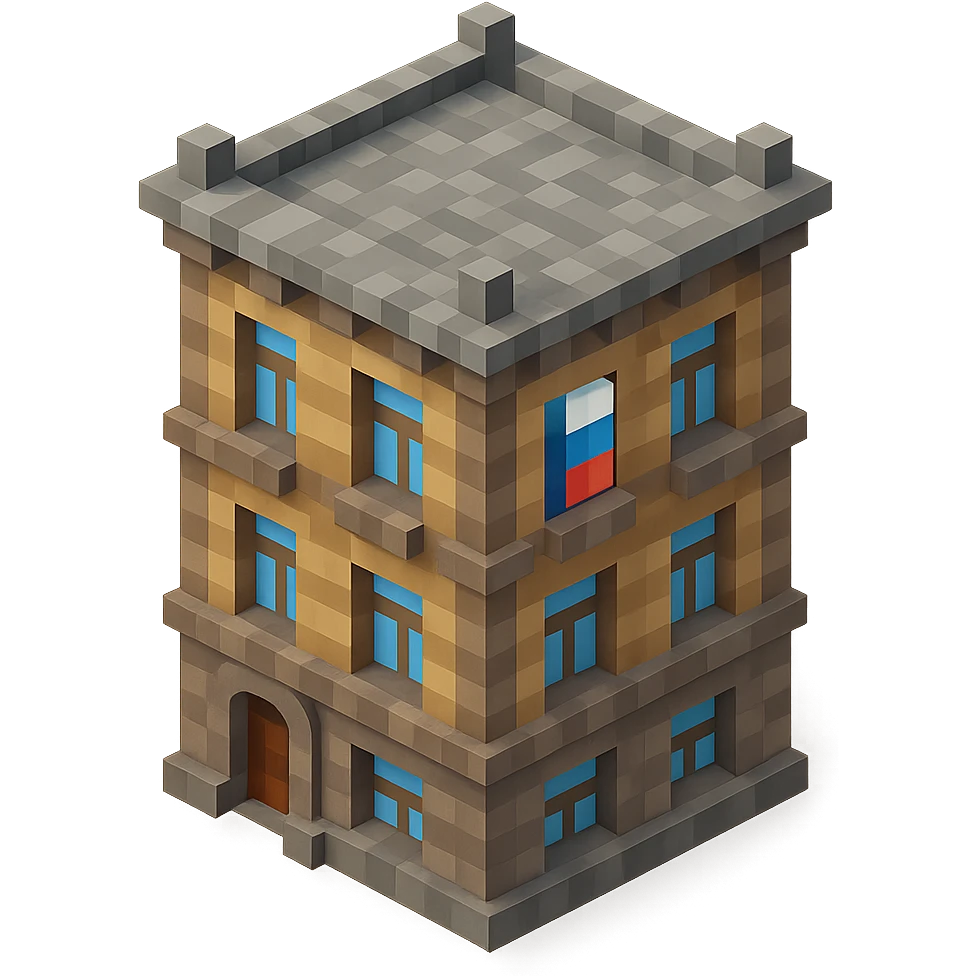 old Saint Petersburg building in voxel style, gray-brown tones, Russian flag hanging vertically in a window, isometric view emoji