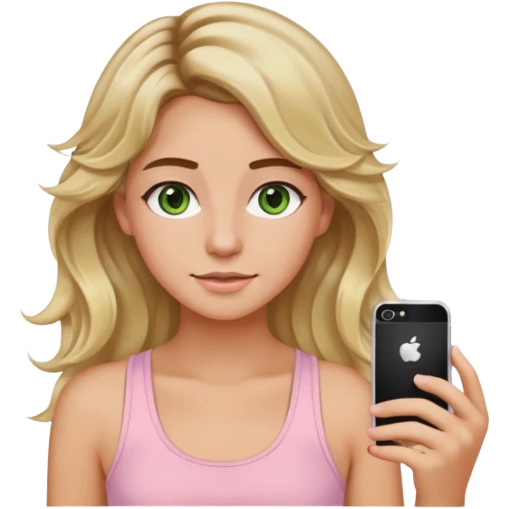 ca you make her hair a 20-year-old girl with long wavy hair brown roots blonde highlights green eyes brown eyebrows good summer tan iPhone emoji style with light pink tank top can you make her hair a little longer please emoji