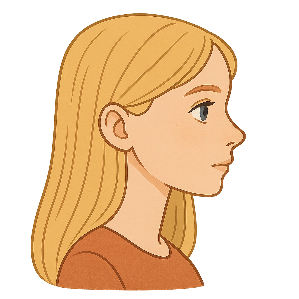 blonde girl with blue eyes, straight hair, side profile, general illustration style emoji