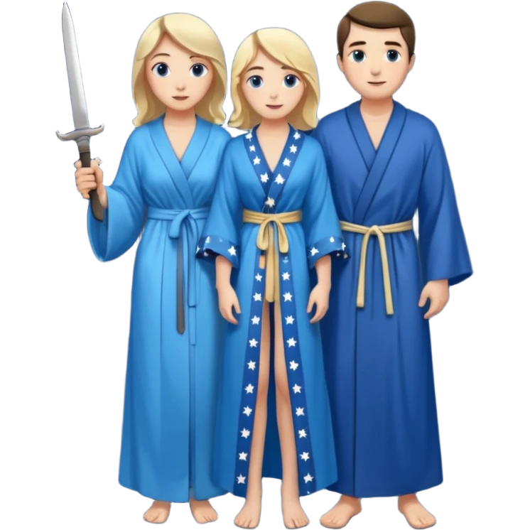 An upright Europe (a tall woman), wearing a blue, flowing robe with stars on the hem. In the background stands a man, with a knife
He has to stand behind her. the top of the knife to her back emoji