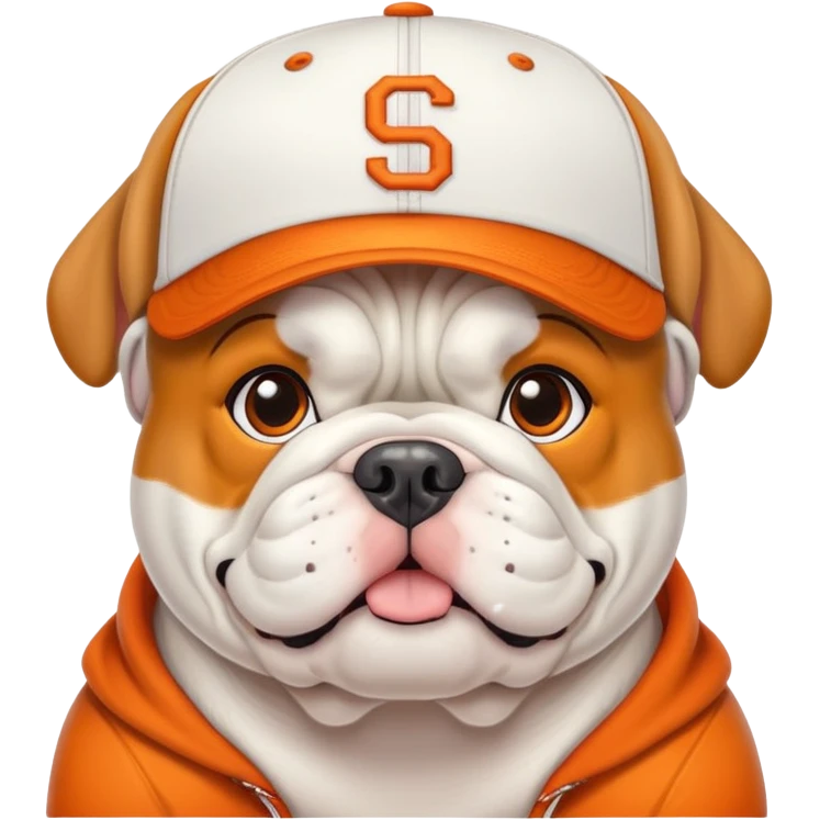 white BULLDOG with with orange baseball hat emoji