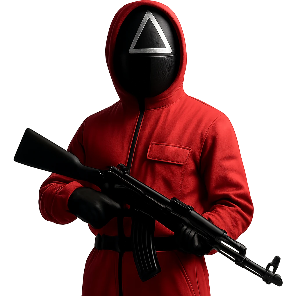 Edit the image of a masked guard from Squid Game series in a pink jumpsuit holding a rifle with minimal background and dramatic lighting. Keep the original style but remove the background. emoji