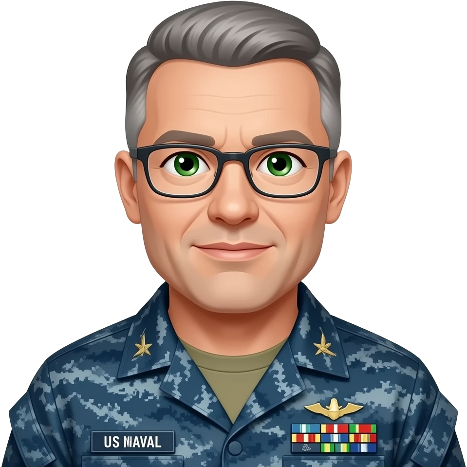 U.S Naval officer, surface warfare, Grey hair, green eyes with eye glasses. emoji