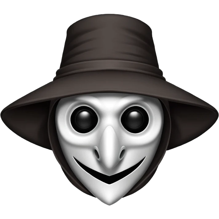 Morbid medieval plague doctor mask with a wide, sinister smile, visible in the empty eye sockets a tiny glow. Clean, stylized lines, flat vector illustration suitable for a small emote. Stylized as a medieval woodcut or metal engraving. Black and white with one accent color  emoji
