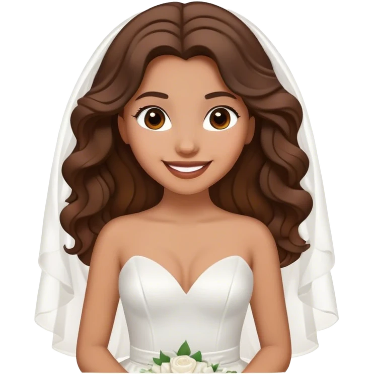 Tan, Dark Brown haired girl, long Hollywood wave hair, in white wedding dress smiling emoji