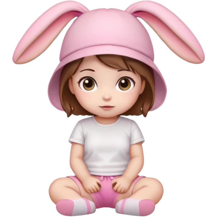 Kawaii baby girl emoji, sitting, brown hair, big eyes, pink bunny ear hat, white t-shirt, pink shorts emoji