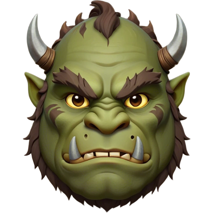 Cinematic Noble Ogre Portrait Emoji, Majestic and imposing, with a rugged, muscular form in deep earthy greens and browns, adorned with battle scars and subtle tribal markings, exuding calm, noble strength and unexpected wisdom, simplified yet strikingly detailed, glowing with a shadowy outline that captures the essence of a gentle giant with fierce heart! emoji