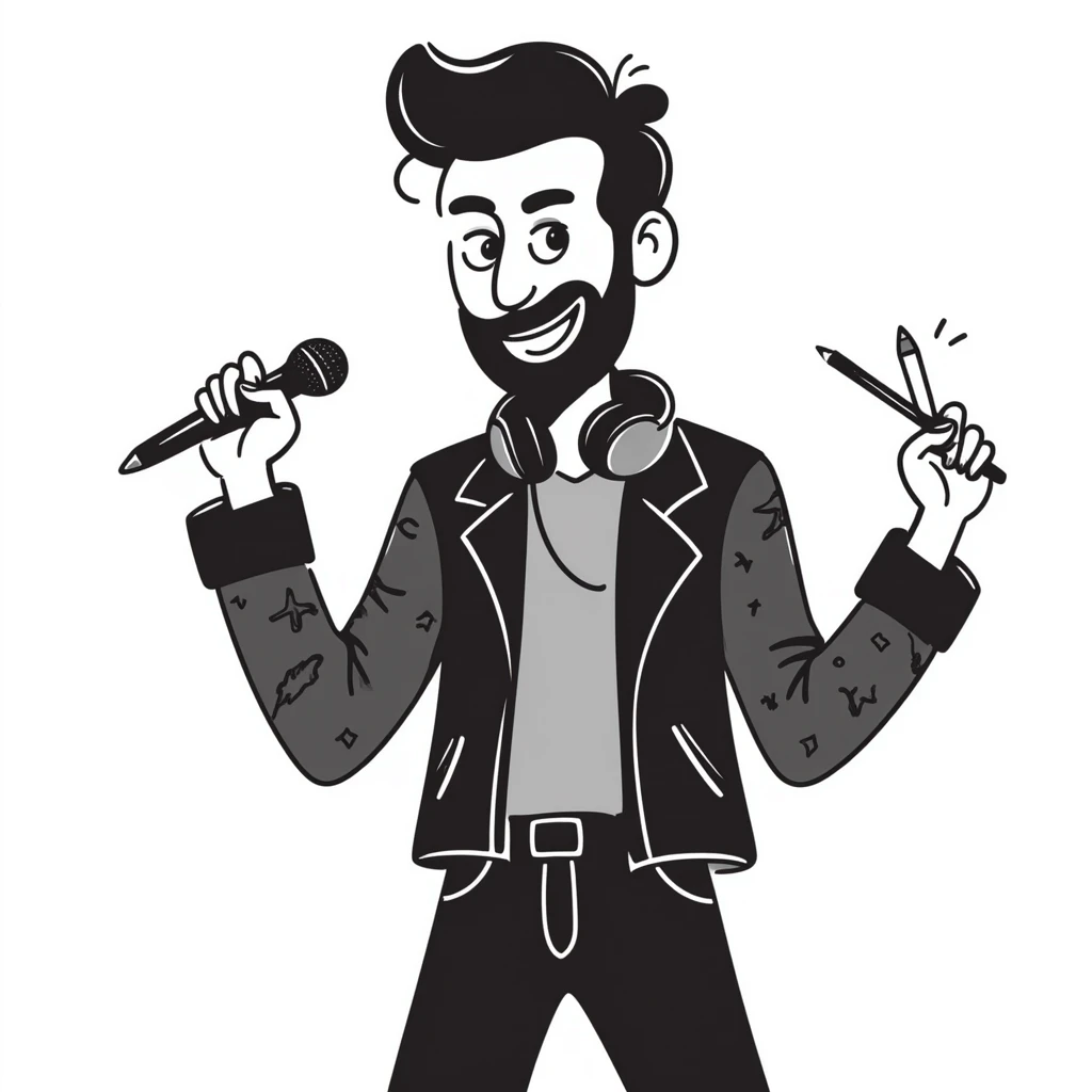rock star with neat trimmed beard, tattooed arms, headphones resting on shoulders, happy expression, holding mic in one hand and pencil in other emoji