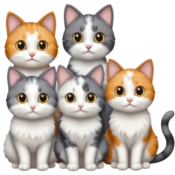 3 different coloured small cats including a dark grey and white, and a patchy calico and a solid grey with only white paws emoji
