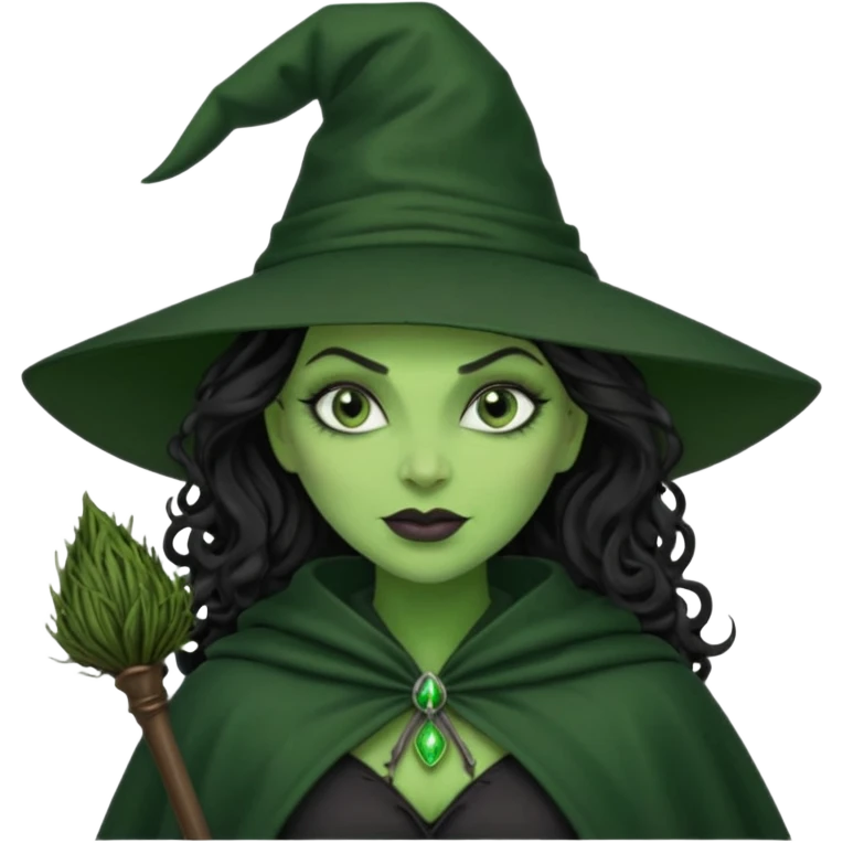 elphaba wicked witch with broom close up, evil dark curly long dark hair, green skin, thick green lips, cheekbones, smirk evil menacing cythia erivo dark aesthetic black hat cloak black broom emoji