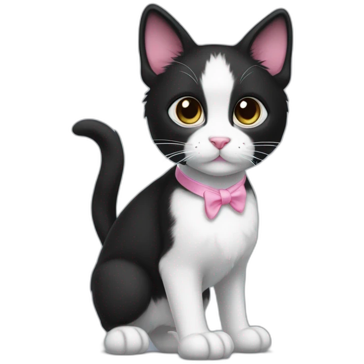 young black and white tuxedo cat walking profile with round eyes, a pink nose, the white fur on his face only goes under the eyes to the bottom of his face, whispy tips on ears emoji