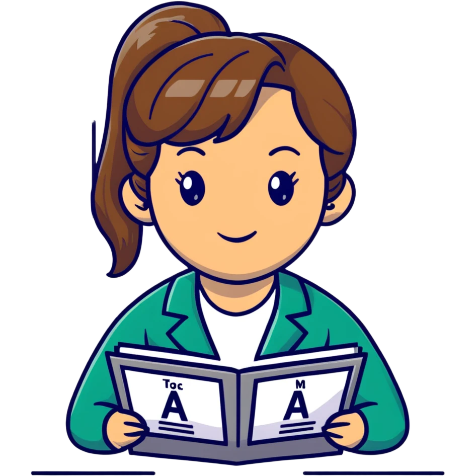 middle-aged science teacher, light brown hair in ponytail with bangs, brown eyes, with periodic table emoji