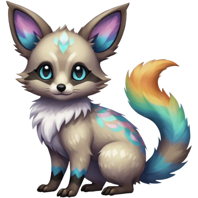 Rare iridescent white exotic epic aesthetic colorful Trico-Eevee-Civet-species-Fakemon-hybrid-creature, with intricate tattoo markings, full body emoji