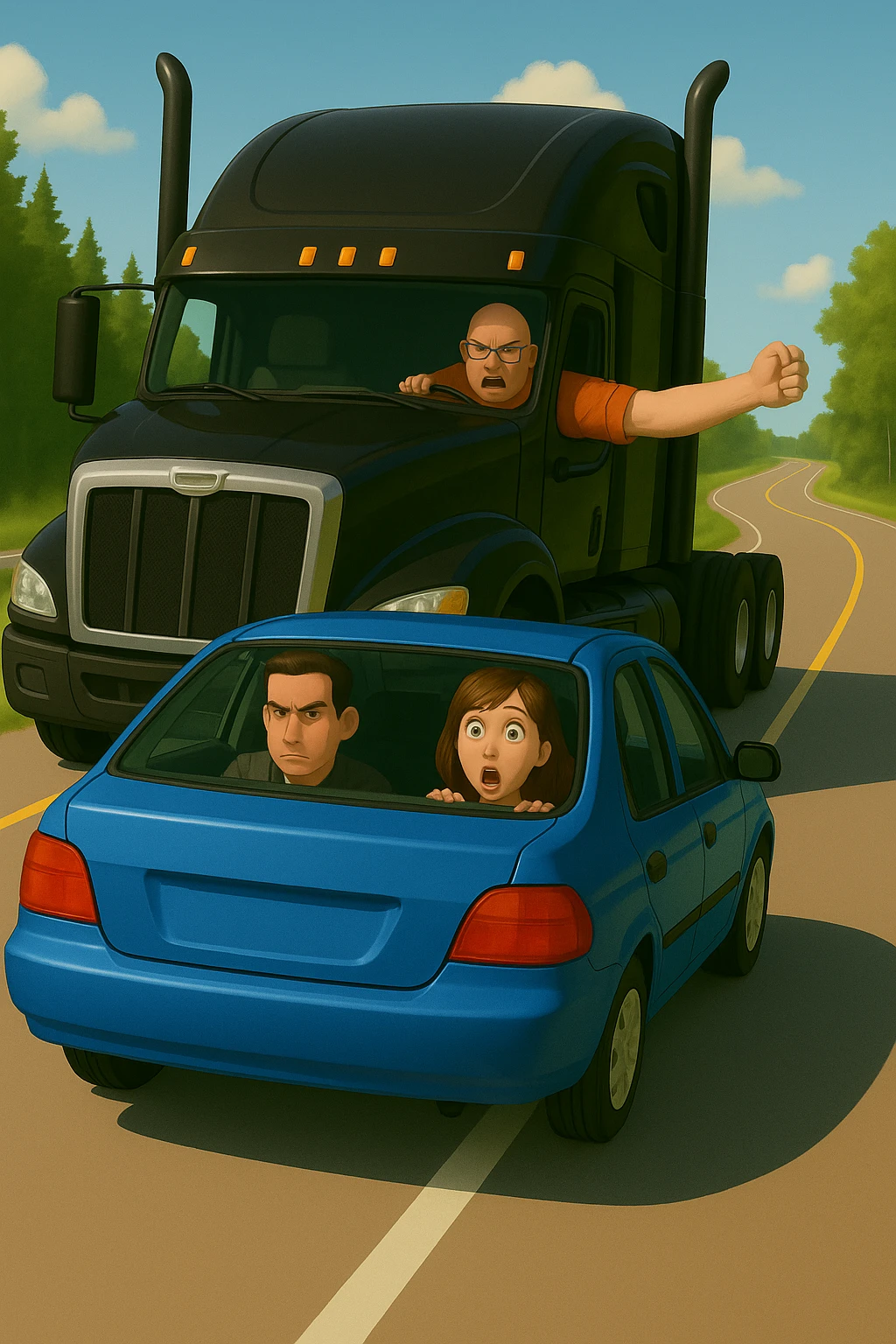 Make the driver of the black semi truck look angry, bald, wearing an orange shirt and glasses, with their arm out the window. Keep the scene bright and vibrant, with a person in the car in front. emoji
