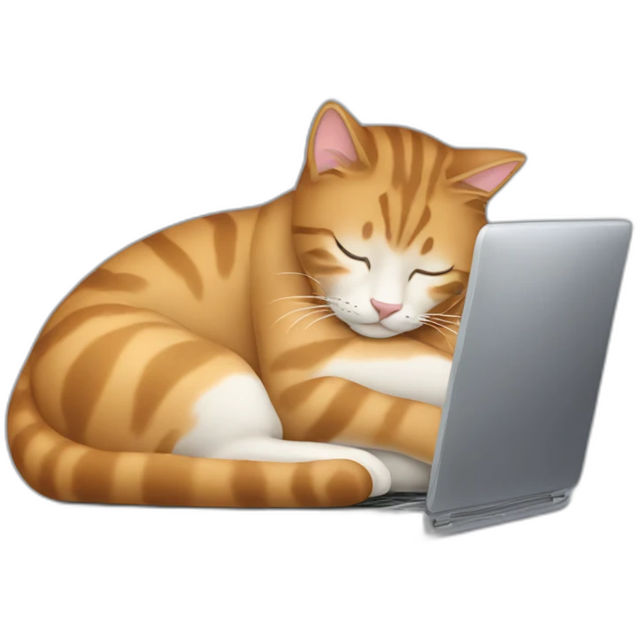 a large cat sleeping on the laptop of a woman with pale skin and long brown straight hair emoji