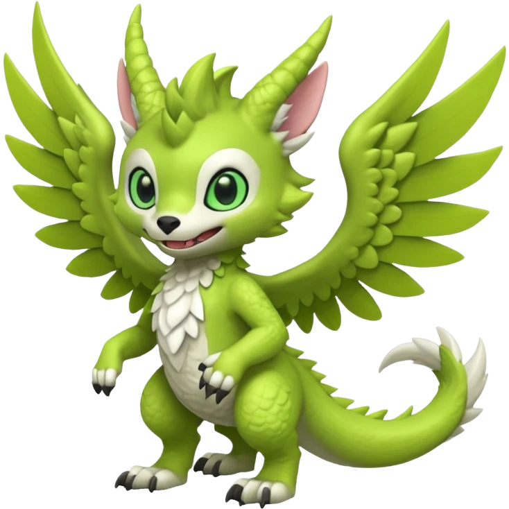 Lime-green furry cute kawaii winged Fakémon-Trico-Scalie-Digimon-Sergal-Protogen-creature (full body) emoji